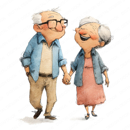 Watercolour Senior Couple Laughing fussy cut sheet in A4 format showing all 12 designs on one printable page