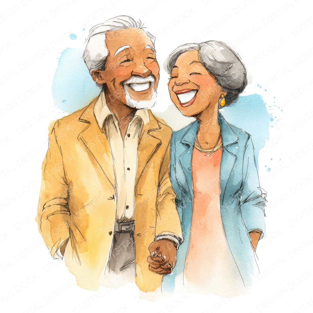 Watercolour Senior Couple Laughing fussy cut sheet in US Letter format showing all 12 designs on one printable page