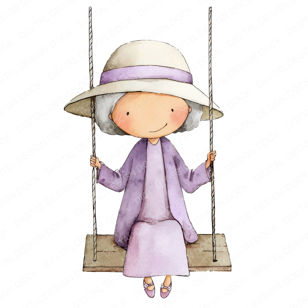 Watercolour Senior Woman Swing fussy cut sheet in A4 format showing all 12 designs on one printable page