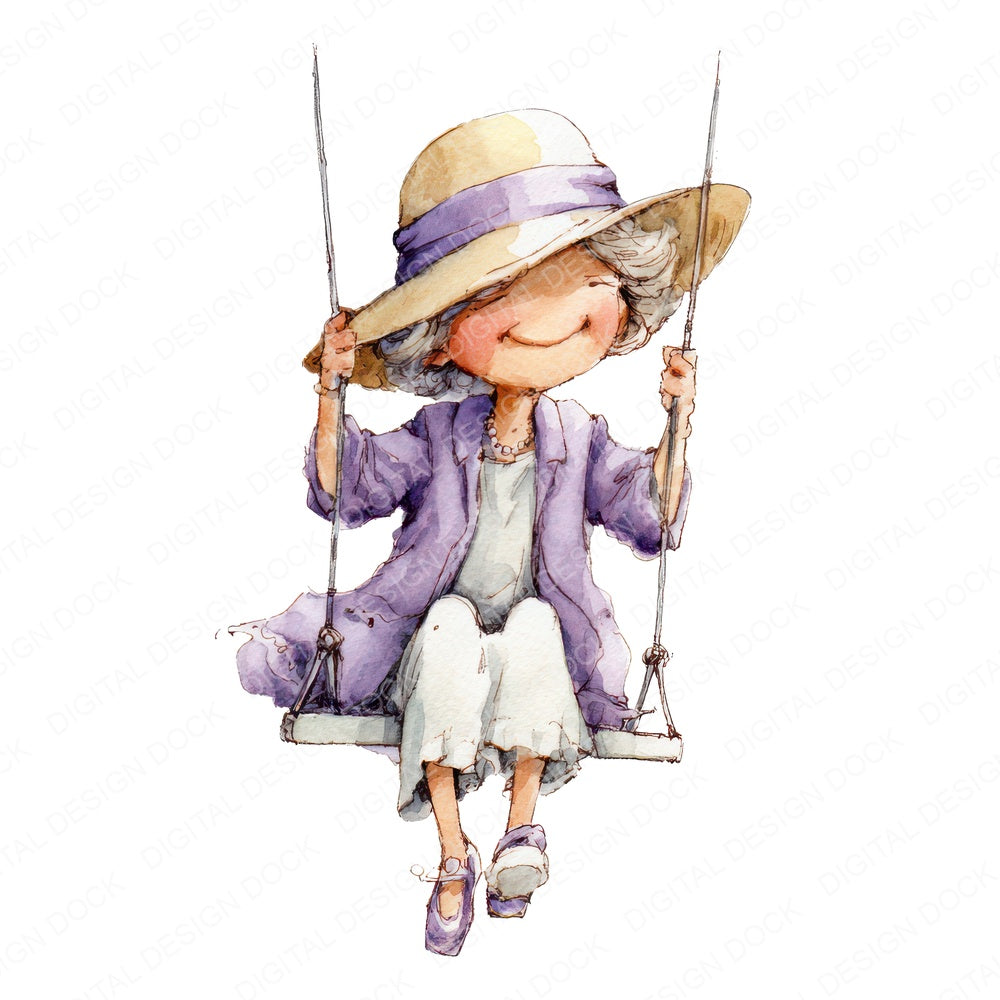 Watercolour Senior Woman Swing fussy cut sheet in US Letter format showing all 12 designs on one printable page