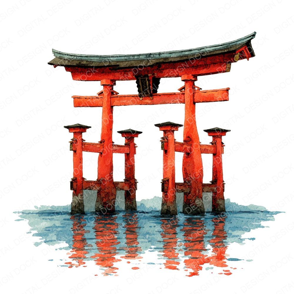 Watercolour Shinto Torii fussy cut sheet in A4 format showing all 12 designs on one printable page