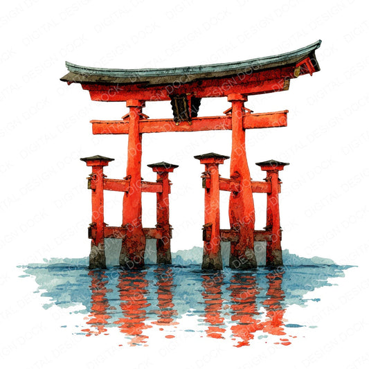 Watercolour Shinto Torii fussy cut sheet in A4 format showing all 12 designs on one printable page