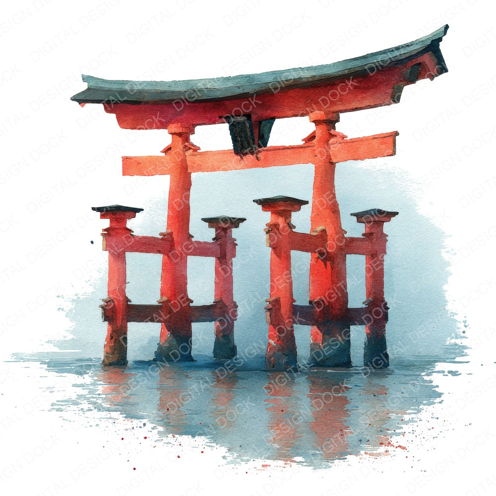 Watercolour Shinto Torii fussy cut sheet in US Letter format showing all 12 designs on one printable page