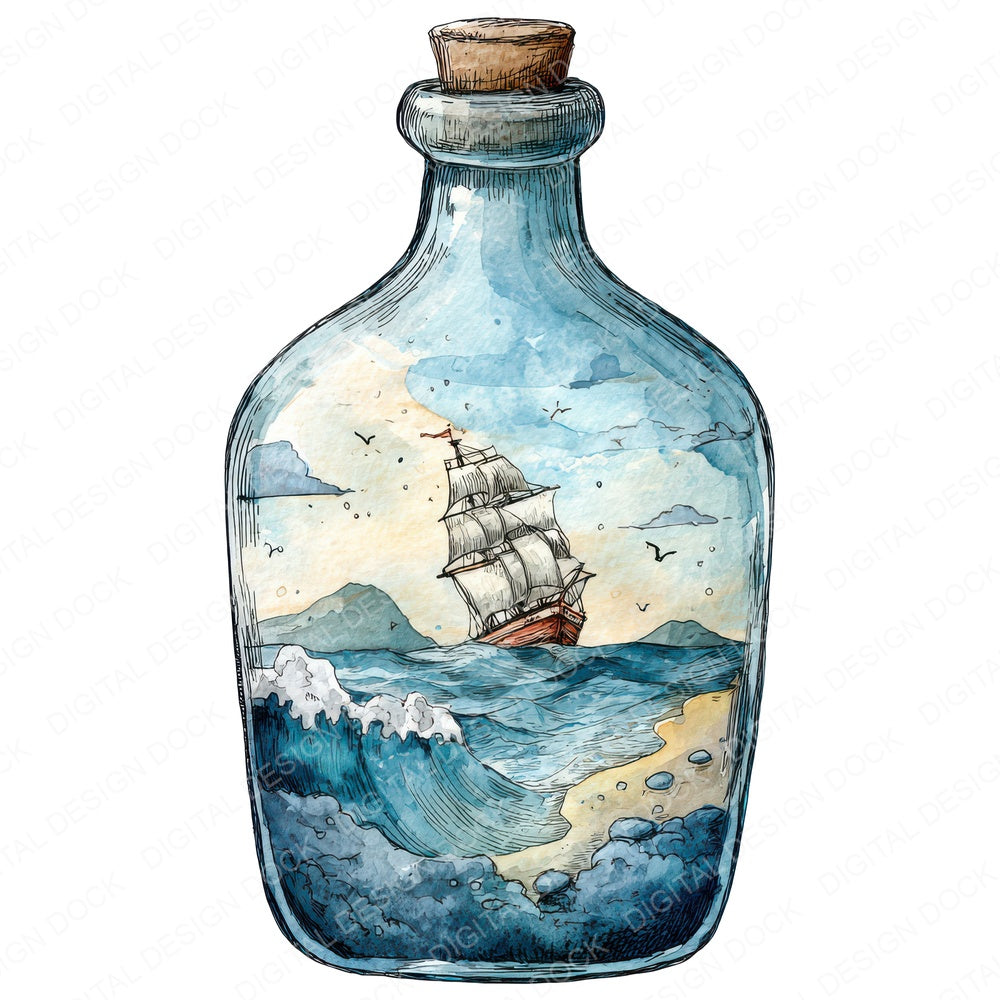 Watercolour Ship in a Bottle fussy cut sheet in A4 format showing all 12 designs on one printable page