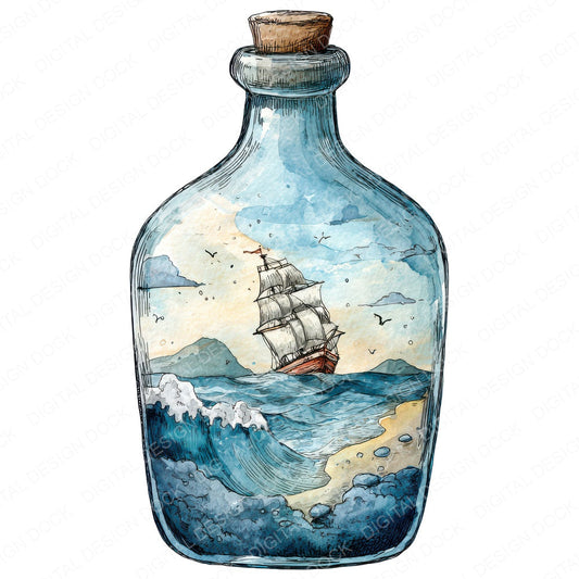 Watercolour Ship in a Bottle fussy cut sheet in A4 format showing all 12 designs on one printable page