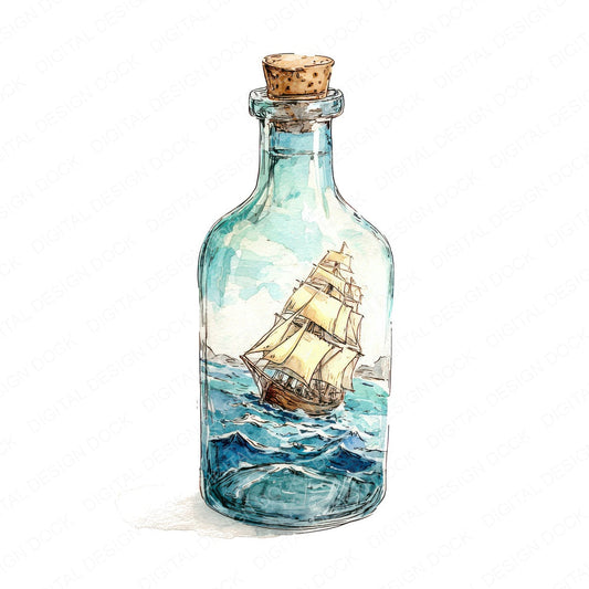 Watercolour Ship in a Bottle fussy cut sheet in US Letter format showing all 12 designs on one printable page