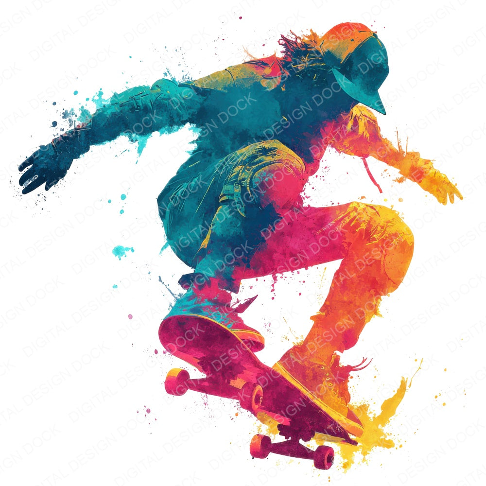 Watercolour Skateboard Trick fussy cut sheet in A4 format showing all 12 designs on one printable page