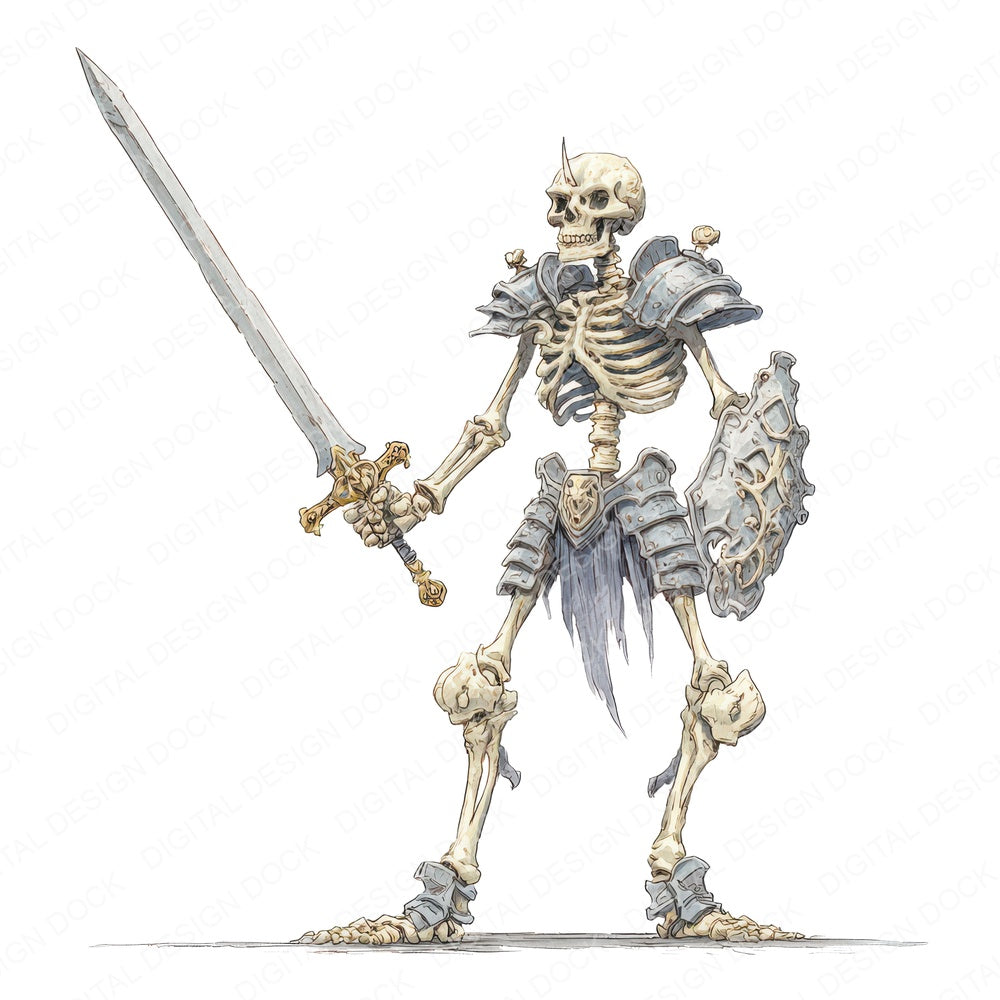Watercolour Skeleton Warrior fussy cut sheet in A4 format showing all 12 designs on one printable page