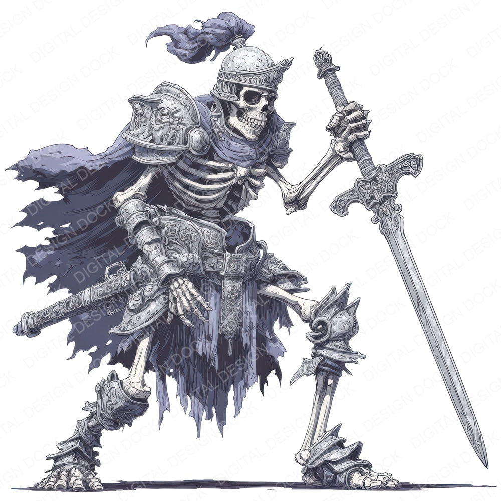 Watercolour Skeleton Warrior fussy cut sheet in US Letter format showing all 12 designs on one printable page