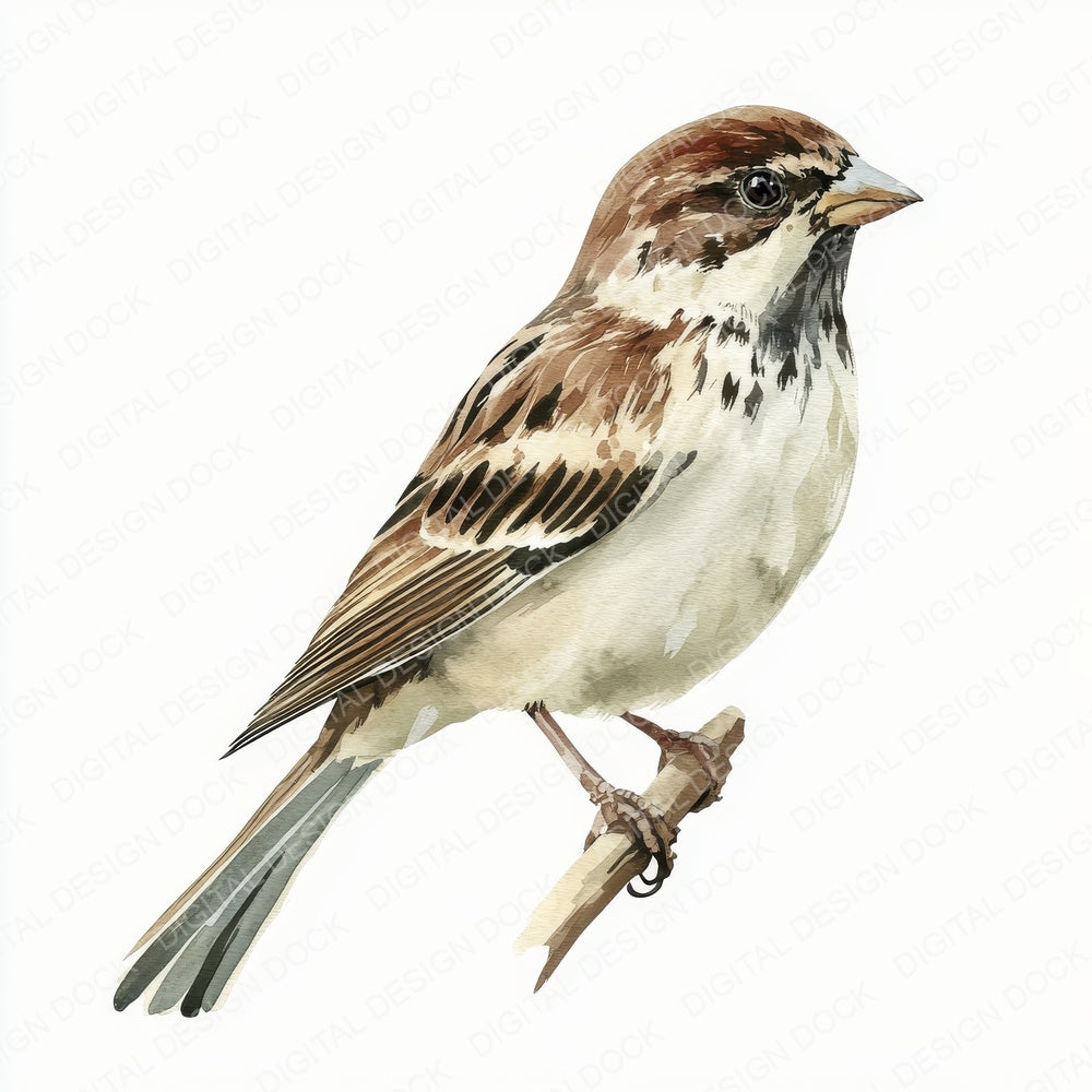 Watercolour Sparrow Bird fussy cut sheet in A4 format showing all 12 designs on one printable page