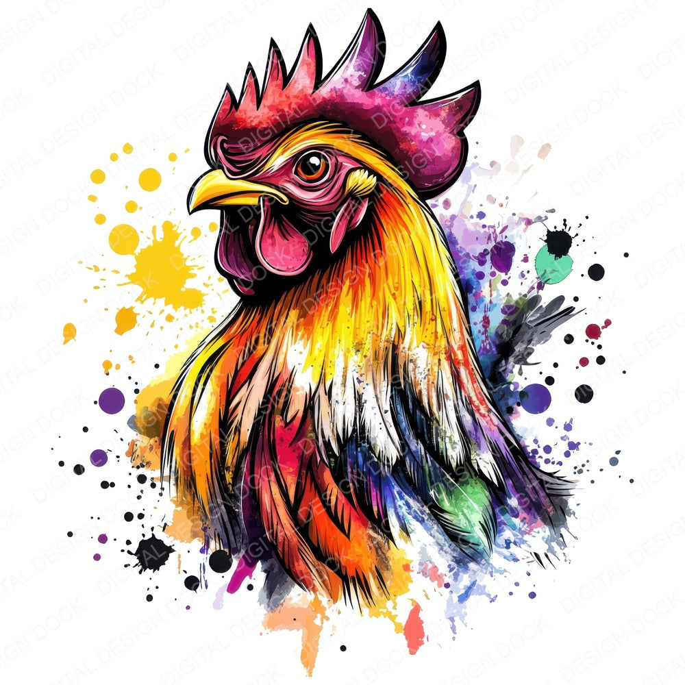 Watercolour Spatter Chicken fussy cut sheet in A4 format showing all 12 designs on one printable page