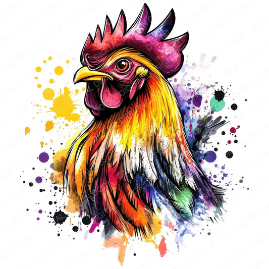 Watercolour Spatter Chicken fussy cut sheet in A4 format showing all 12 designs on one printable page