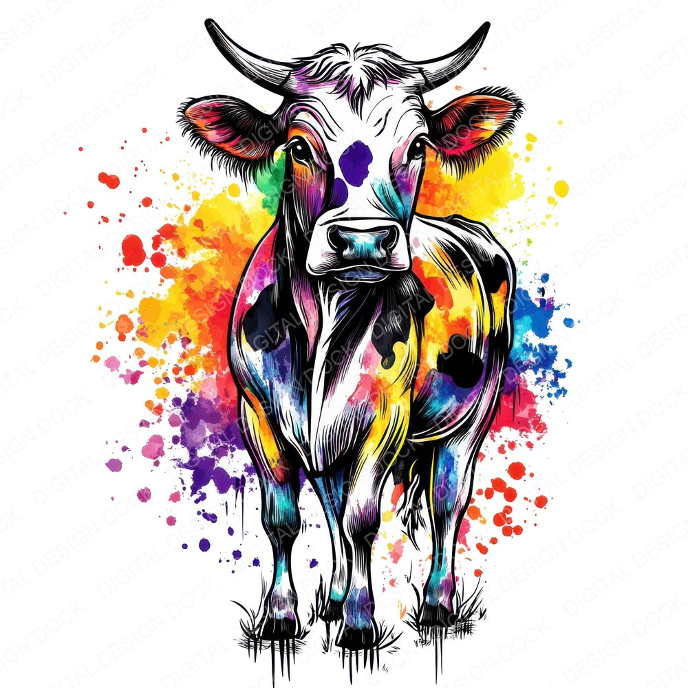 Watercolour Spatter Cow fussy cut sheet in A4 format showing all 12 designs on one printable page