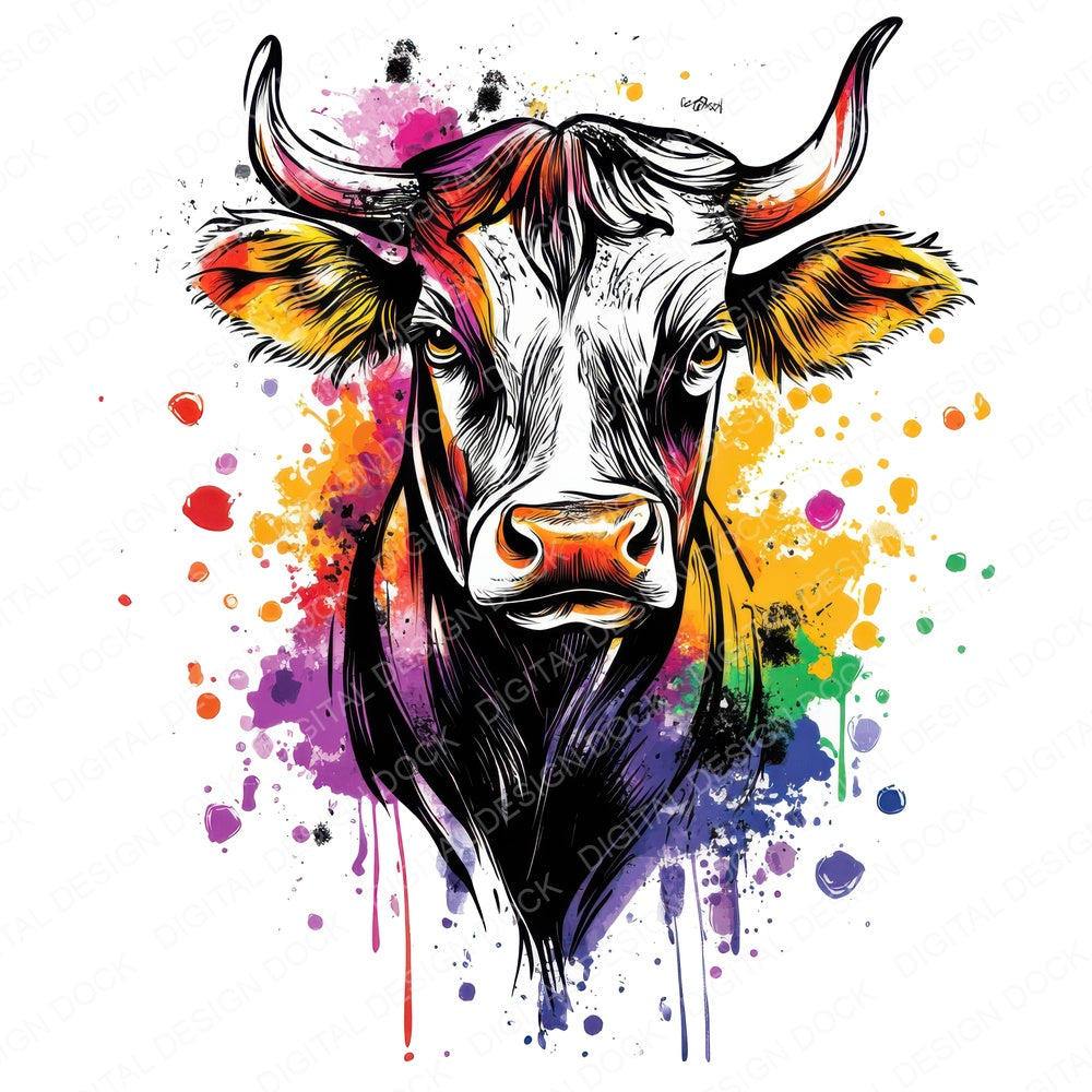 Watercolour Spatter Cow fussy cut sheet in US Letter format showing all 12 designs on one printable page