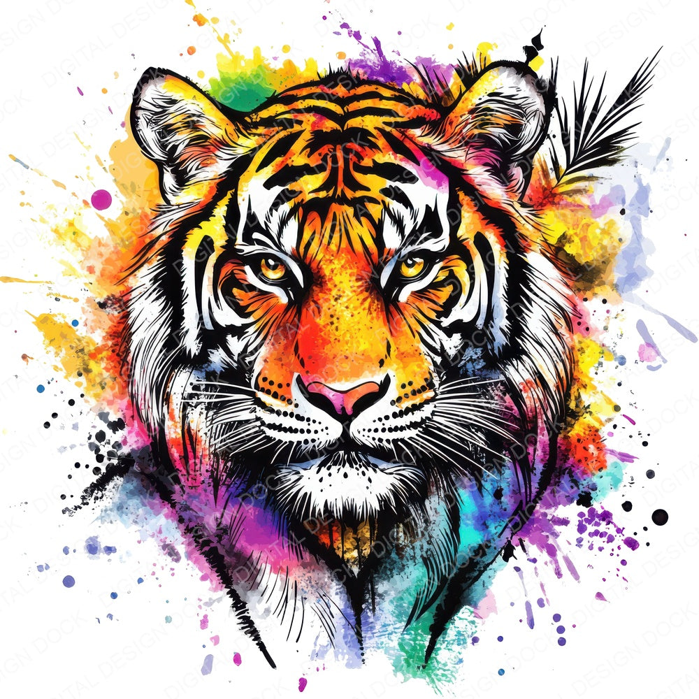 Watercolour Spatter Tiger fussy cut sheet in A4 format showing all 12 designs on one printable page