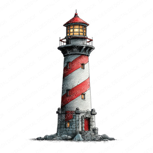 Watercolour Spiral Lighthouse fussy cut sheet in A4 format showing all 12 designs on one printable page