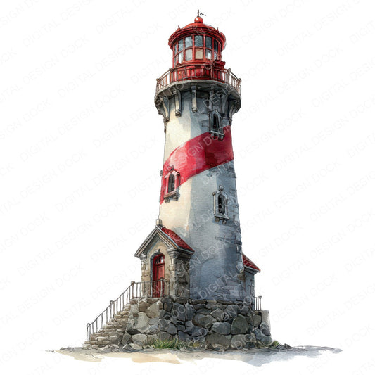 Watercolour Spiral Lighthouse fussy cut sheet in US Letter format showing all 12 designs on one printable page
