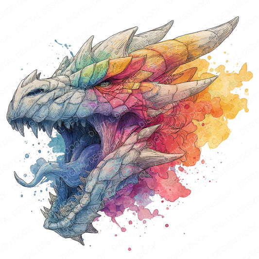 Watercolour Splash Dragon Head Clipart Set (DDD007358)