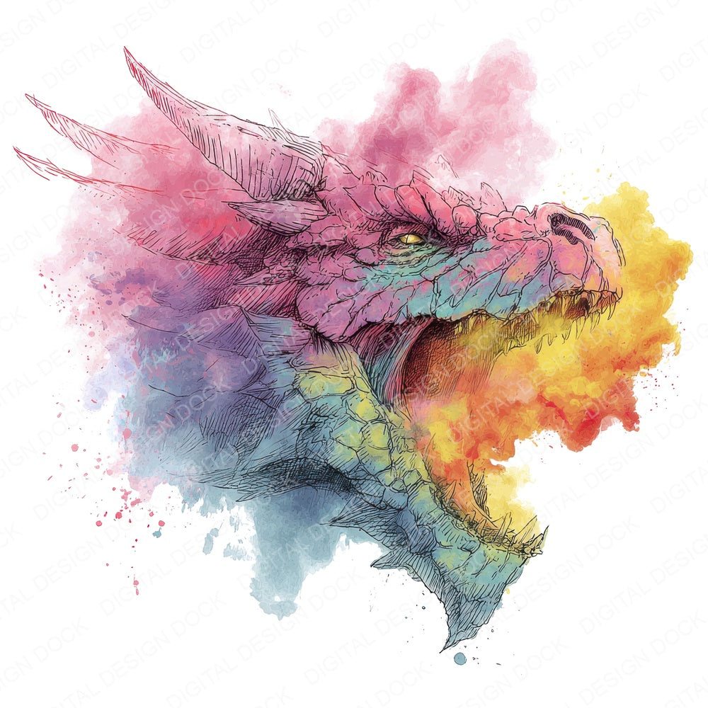 Watercolour Splash Dragon Head fussy cut sheet in US Letter format showing all 12 designs on one printable page