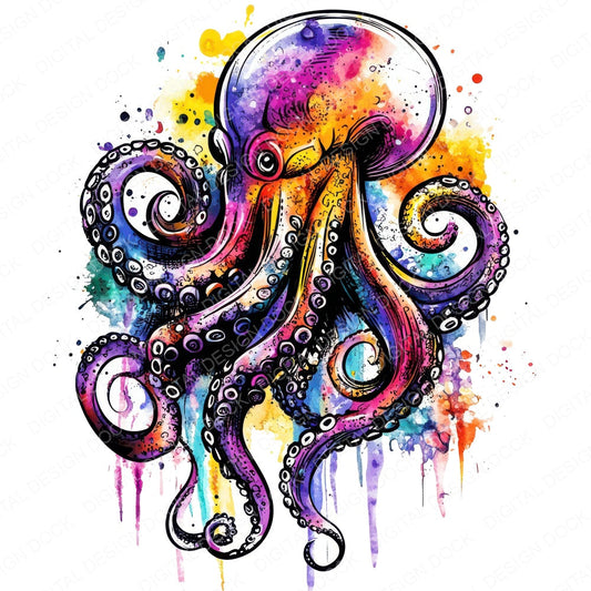 Watercolour Splatter Octopus fussy cut sheet in US Letter format showing all 12 designs on one printable page