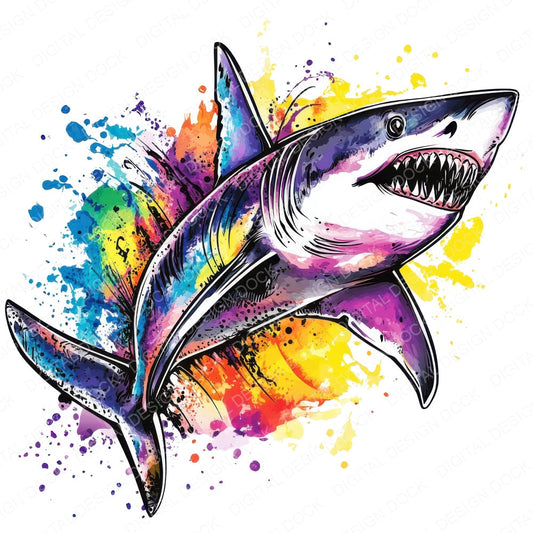 Watercolour Splatter Shark fussy cut sheet in A4 format showing all 12 designs on one printable page