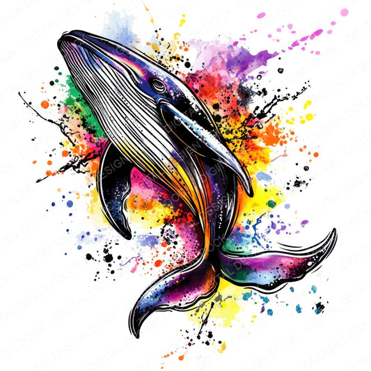 Watercolour Splatter Whale fussy cut sheet in A4 format showing all 12 designs on one printable page