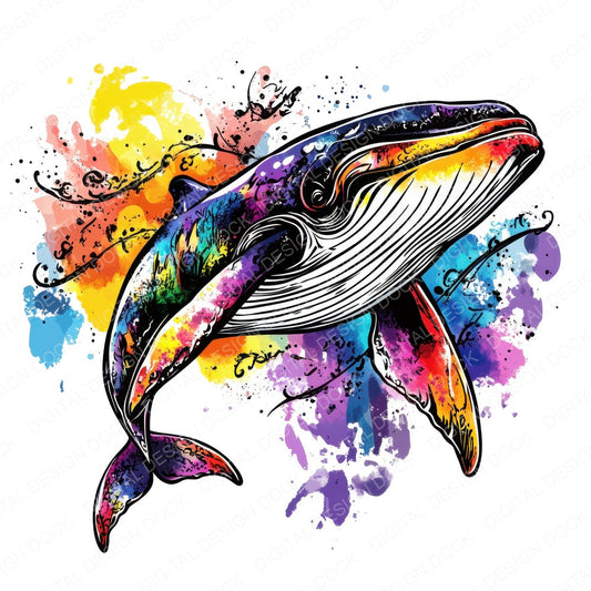 Watercolour Splatter Whale fussy cut sheet in US Letter format showing all 12 designs on one printable page