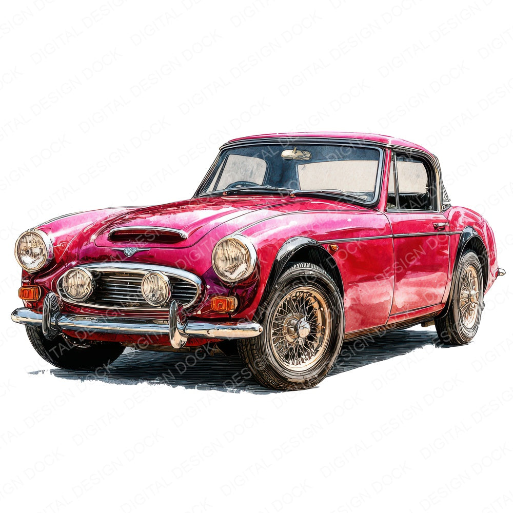 Watercolour Sports Car fussy cut sheet in A4 format showing all 12 designs on one printable page