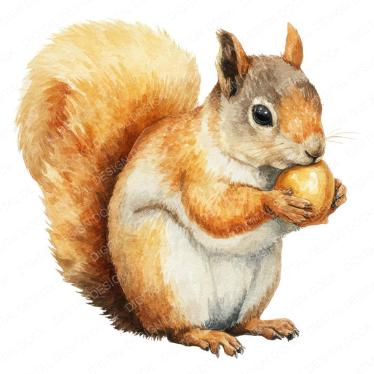 Watercolour Squirrel Acorn fussy cut sheet in A4 format showing all 12 designs on one printable page