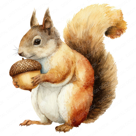 Watercolour Squirrel Acorn fussy cut sheet in US Letter format showing all 12 designs on one printable page
