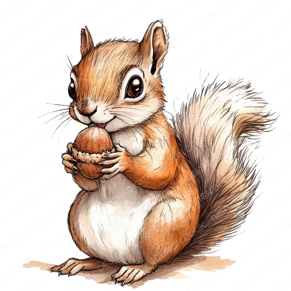 Watercolour Squirrel with Nut fussy cut sheet in A4 format showing all 12 designs on one printable page