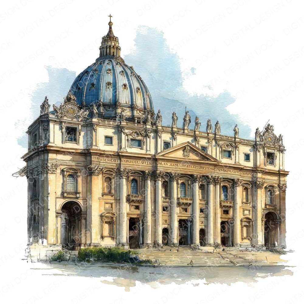 Watercolour St Peters Basilica fussy cut sheet in A4 format showing all 12 designs on one printable page