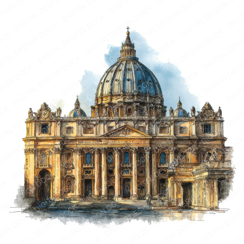 Watercolour St Peters Basilica fussy cut sheet in US Letter format showing all 12 designs on one printable page