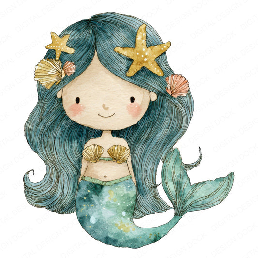 Watercolour Starfish Mermaid fussy cut sheet in US Letter format showing all 12 designs on one printable page