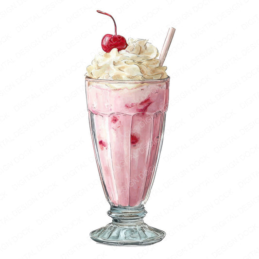 Watercolour Strawberry Milkshake fussy cut sheet in US Letter format showing all 12 designs on one printable page