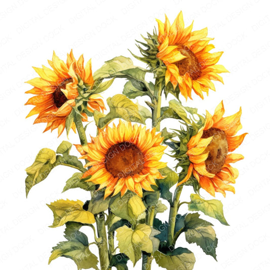 Watercolour Sunflower fussy cut sheet in A4 format showing all 12 designs on one printable page