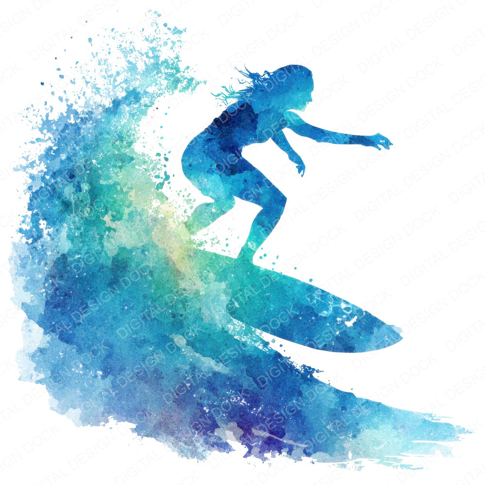 Watercolour Surfer on Wave fussy cut sheet in A4 format showing all 12 designs on one printable page