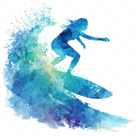 Watercolour Surfer on Wave fussy cut sheet in A4 format showing all 12 designs on one printable page