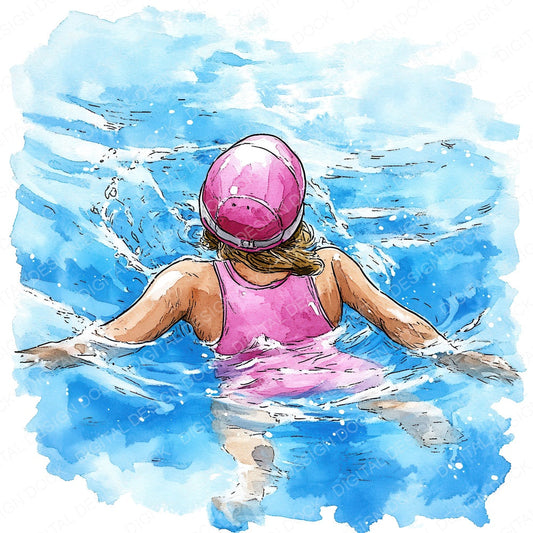 Watercolour Swimming fussy cut sheet in US Letter format showing all 12 designs on one printable page