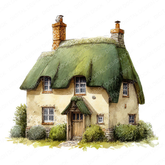 Watercolour Thatched Cottage fussy cut sheet in A4 format showing all 12 designs on one printable page