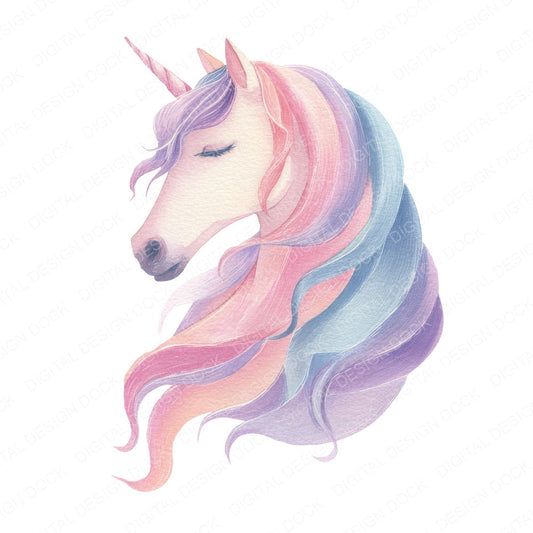 Watercolour Unicorn Head fussy cut sheet in A4 format showing all 12 designs on one printable page