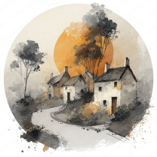 Single Watercolour Village Circle clipart design shown full size