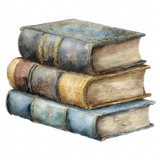 Watercolour Vintage Books fussy cut sheet in US Letter format showing all 12 designs on one printable page