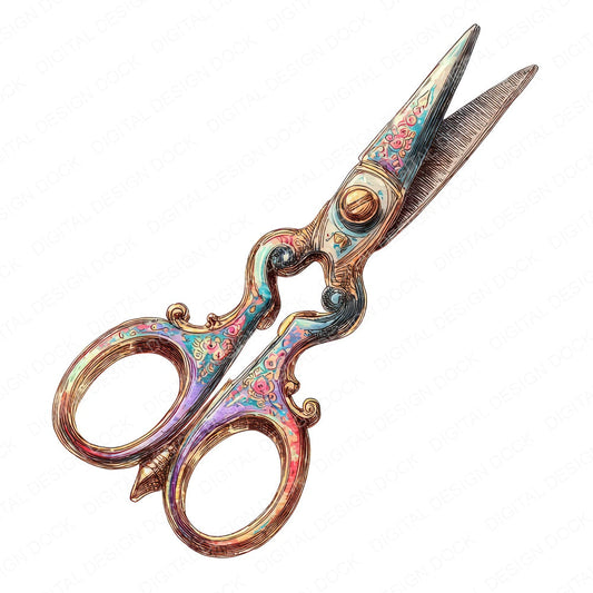 Watercolour Vintage Scissors fussy cut sheet in A4 format showing all 12 designs on one printable page