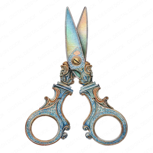 Watercolour Vintage Scissors fussy cut sheet in US Letter format showing all 12 designs on one printable page