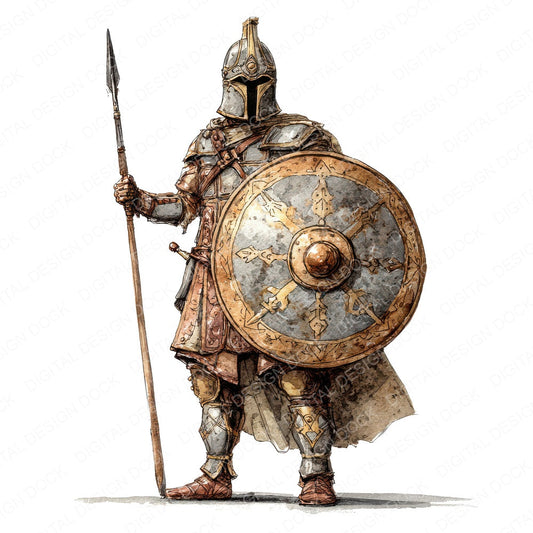 Watercolour Warrior with Shield fussy cut sheet in A4 format showing all 12 designs on one printable page