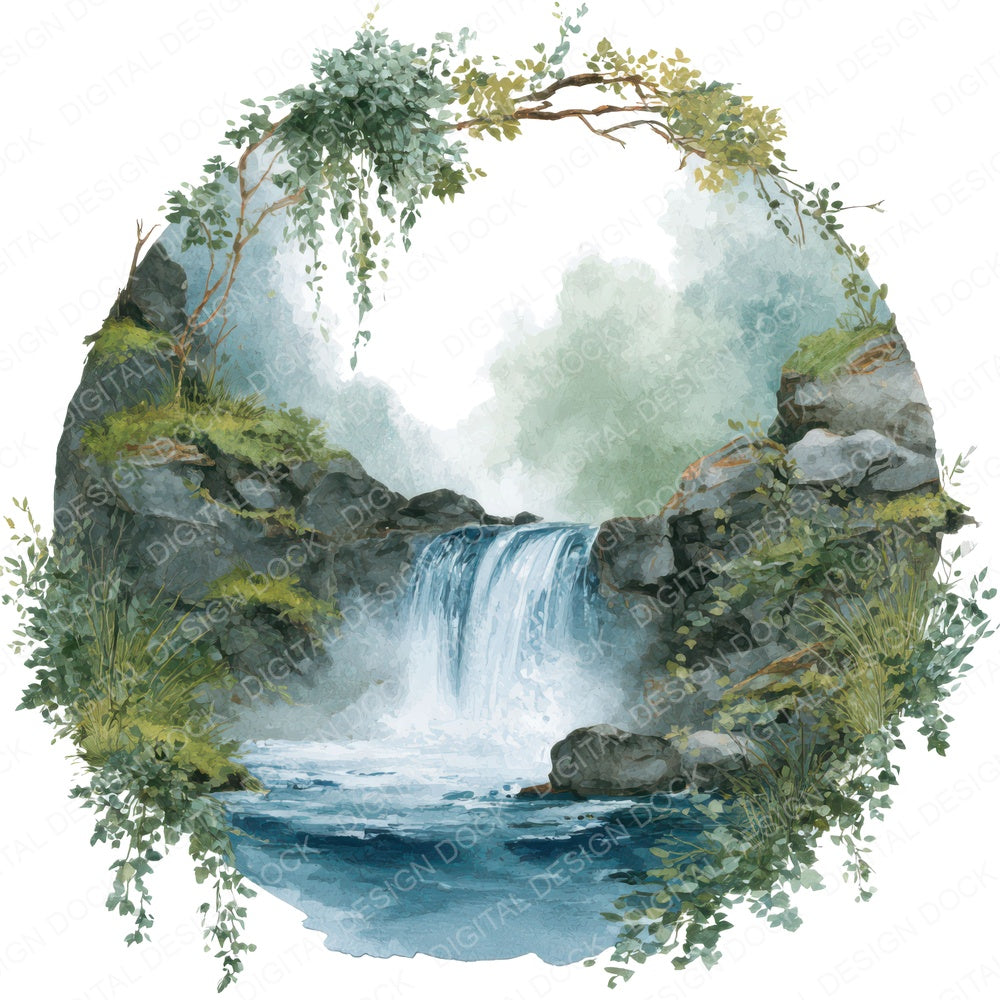 Watercolour Waterfall Circle Clipart Set (DDD008706)