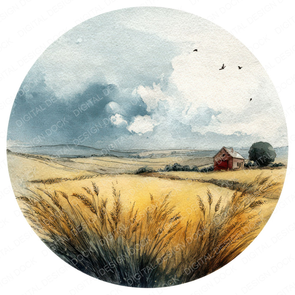 Watercolour Wheat Field Circle Clipart Set (DDD008546)