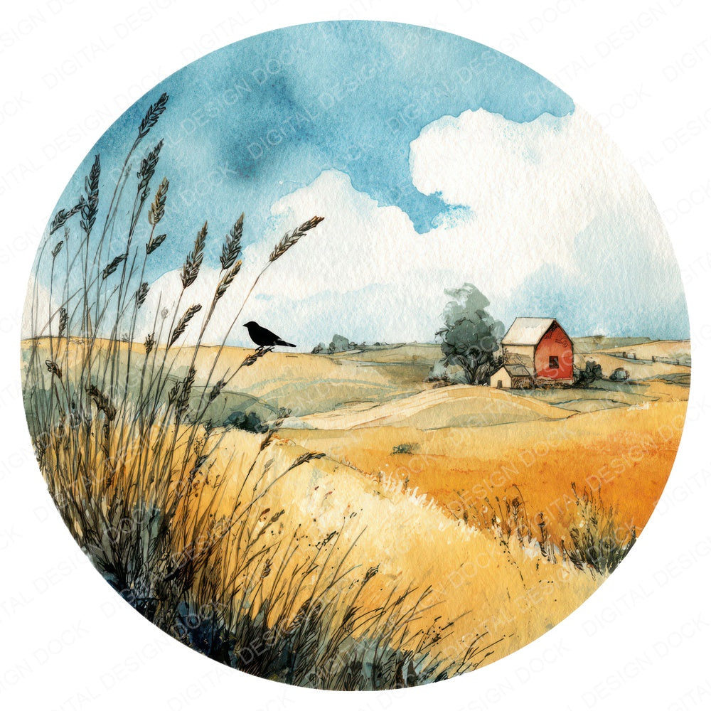 Watercolour Wheat Field Circle fussy cut sheet in US Letter format showing all 12 designs on one printable page