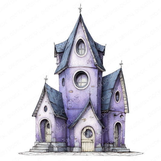 Watercolour Whimsical House fussy cut sheet in US Letter format showing all 12 designs on one printable page